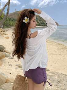 DAZY Letter Graphic Drawstring Side Summer Beach Bikini Set With Cover Up Vacation - Purple - View 5