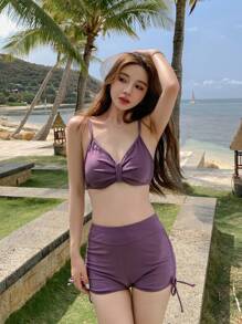 DAZY Letter Graphic Drawstring Side Summer Beach Bikini Set With Cover Up Vacation - Purple - View 6