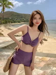 DAZY Letter Graphic Drawstring Side Summer Beach Bikini Set With Cover Up Vacation - Purple - View 10