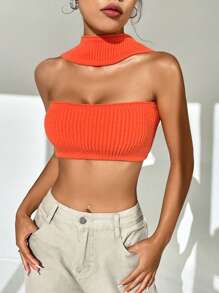 SHEIN BAE Solid Ribbed Knit Top - Orange - View 3