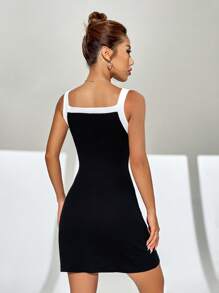 SHEIN EZwear 拼接邊緊身洋裝 - 黑色 - 查看 3