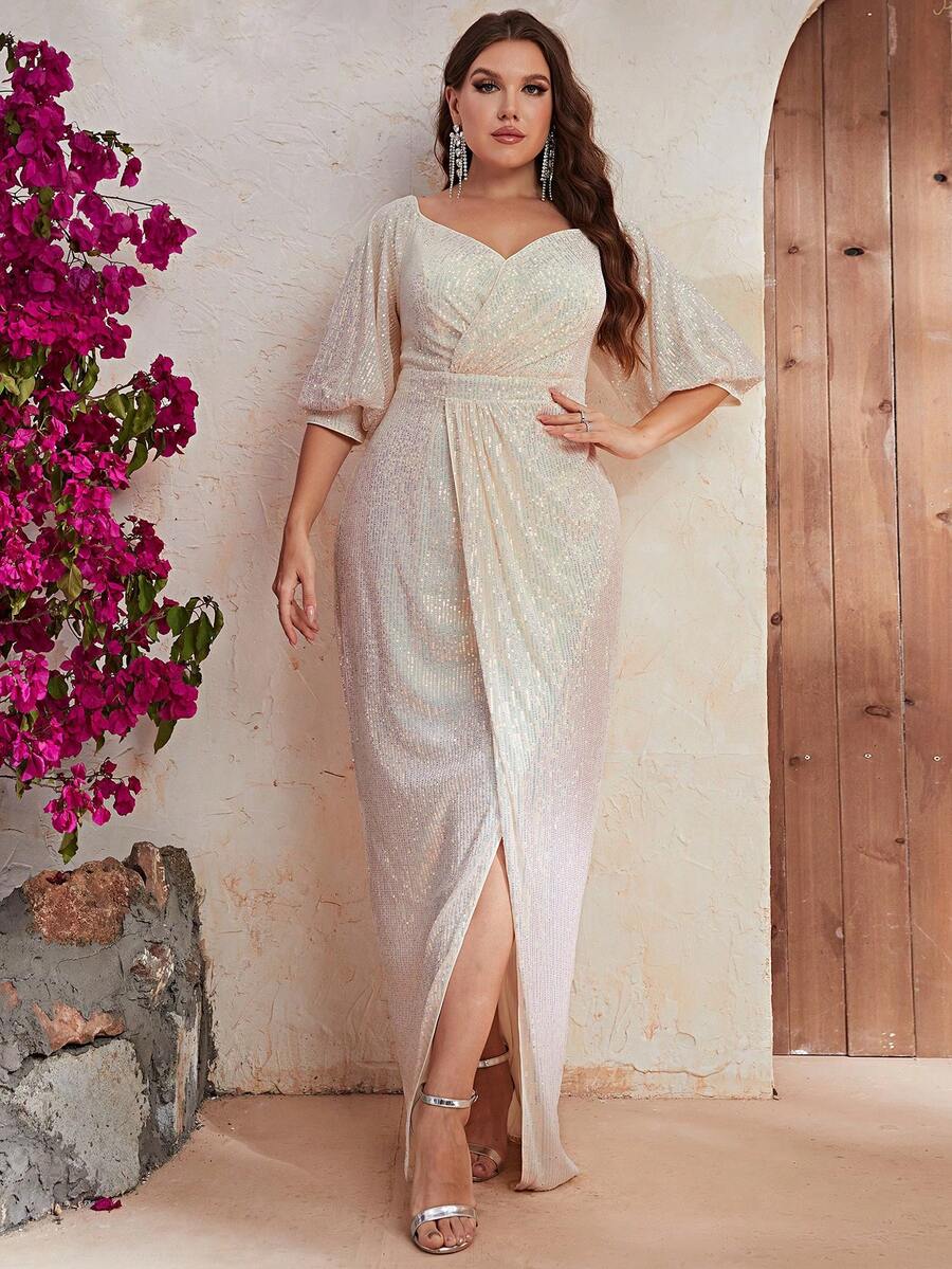 YISIKADO Đầm Plus Size ghép mộng kim sa Trọn gói màu trơn Buổi tiệc - trắng - Xem 1