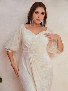 YISIKADO Đầm Plus Size ghép mộng kim sa Trọn gói màu trơn Buổi tiệc - trắng - Xem 3