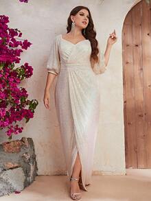 YISIKADO Đầm Plus Size ghép mộng kim sa Trọn gói màu trơn Buổi tiệc - trắng - Xem 5