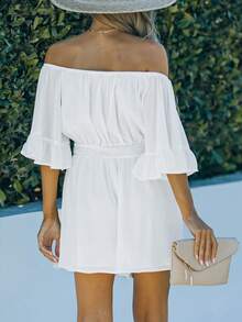 DOKOTOO Áo liền quần nữ Xù Dải chun màu trơn Giải trí - trắng - Xem 2