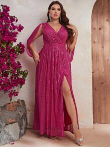 YISIKADO 大碼開衩袖亮片連衣裙 - 玫紅色 - 查看 2