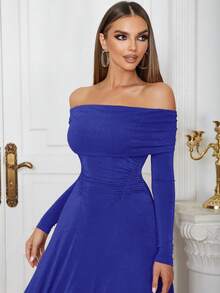 Off Shoulder Fold Pleated Detail Ruched Waist Dress - Royal Blue - View 4