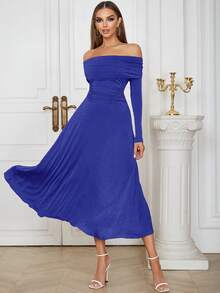 Off Shoulder Fold Pleated Detail Ruched Waist Dress - Royal Blue - View 5