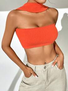 SHEIN BAE Solid Ribbed Knit Top - Orange - View 4
