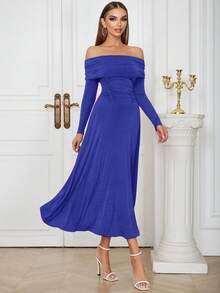 Off Shoulder Fold Pleated Detail Ruched Waist Dress - Royal Blue - View 6