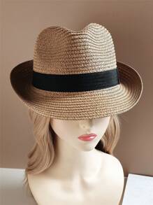 織帶裝飾草編帽 - 卡其色 - 查看 2