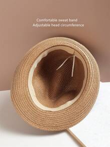 織帶裝飾草編帽 - 卡其色 - 查看 3