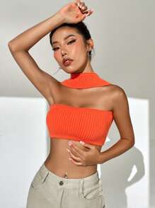 SHEIN BAE Solid Ribbed Knit Top - Orange - View 6