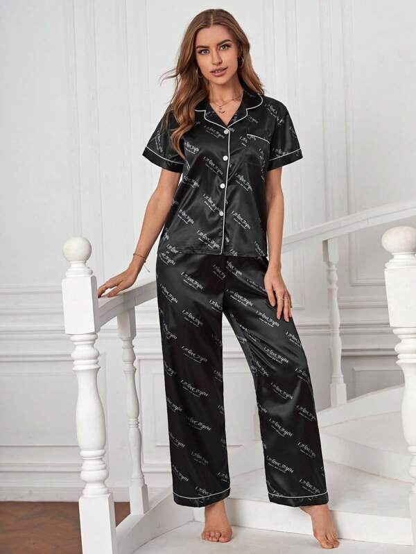 SHEIN Elegant Tekst Dames pyjama sets Zak Contrasterende Zomen Voorpand