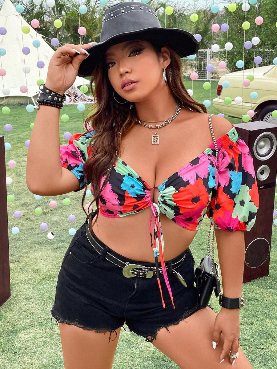 SHEIN Clasi Plus Floral Print Ring Linked Off Shoulder Crop Top - Multicolor - View 1