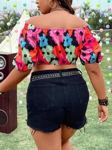 SHEIN Clasi Plus Floral Print Ring Linked Off Shoulder Crop Top - Multicolor - View 2
