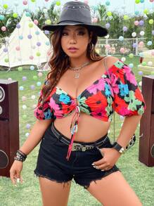 SHEIN Clasi Plus Floral Print Ring Linked Off Shoulder Crop Top - Multicolor - View 6