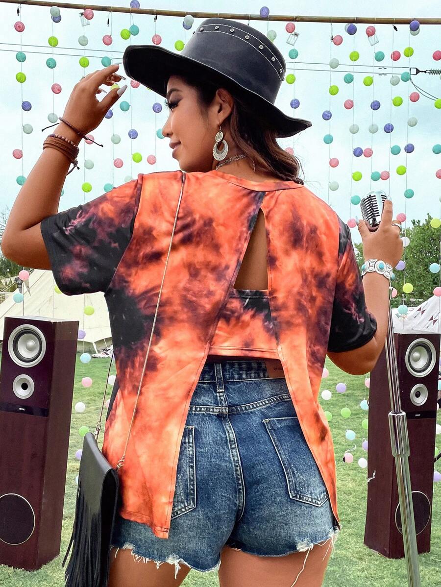 Flirla Áo thun hở lưng họa tiết Tie Dye Cut Out dành cho nữ - trái cam - Xem 1