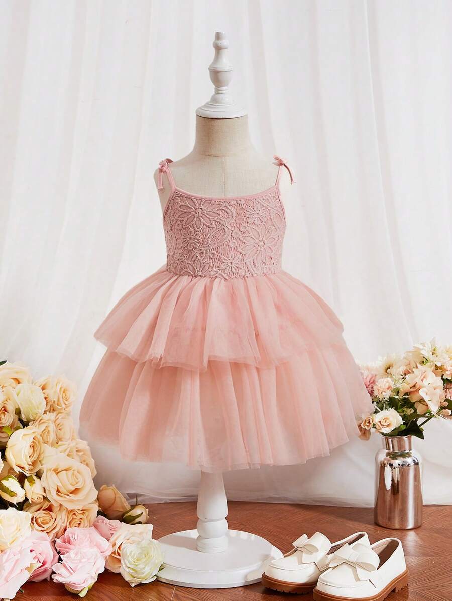 SHEIN Đầm em bé Tương phản Mesh Thắt nút phân lớp màu trơn - Màu Hồng baby - Xem 1