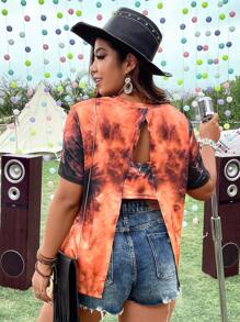 Flirla Áo thun hở lưng họa tiết Tie Dye Cut Out dành cho nữ - trái cam - Xem 6