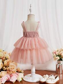 SHEIN Đầm em bé Tương phản Mesh Thắt nút phân lớp màu trơn - Màu Hồng baby - Xem 2