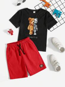 SHEIN Leap Crew Tween Boy Bear & Letter Graphic Tee & Drawstring Waist Shorts - Red - View 1