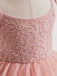 SHEIN Đầm em bé Tương phản Mesh Thắt nút phân lớp màu trơn - Màu Hồng baby - Xem 4