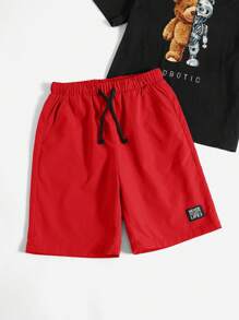 SHEIN Leap Crew Tween Boy Bear & Letter Graphic Tee & Drawstring Waist Shorts - Red - View 4