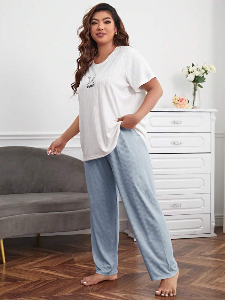 Plus Bộ đồ ngủ / Bộ đồ ngủ họa tiết hình con thỏ và chữ cái - Màu xanh bụi bặm - Xem 3