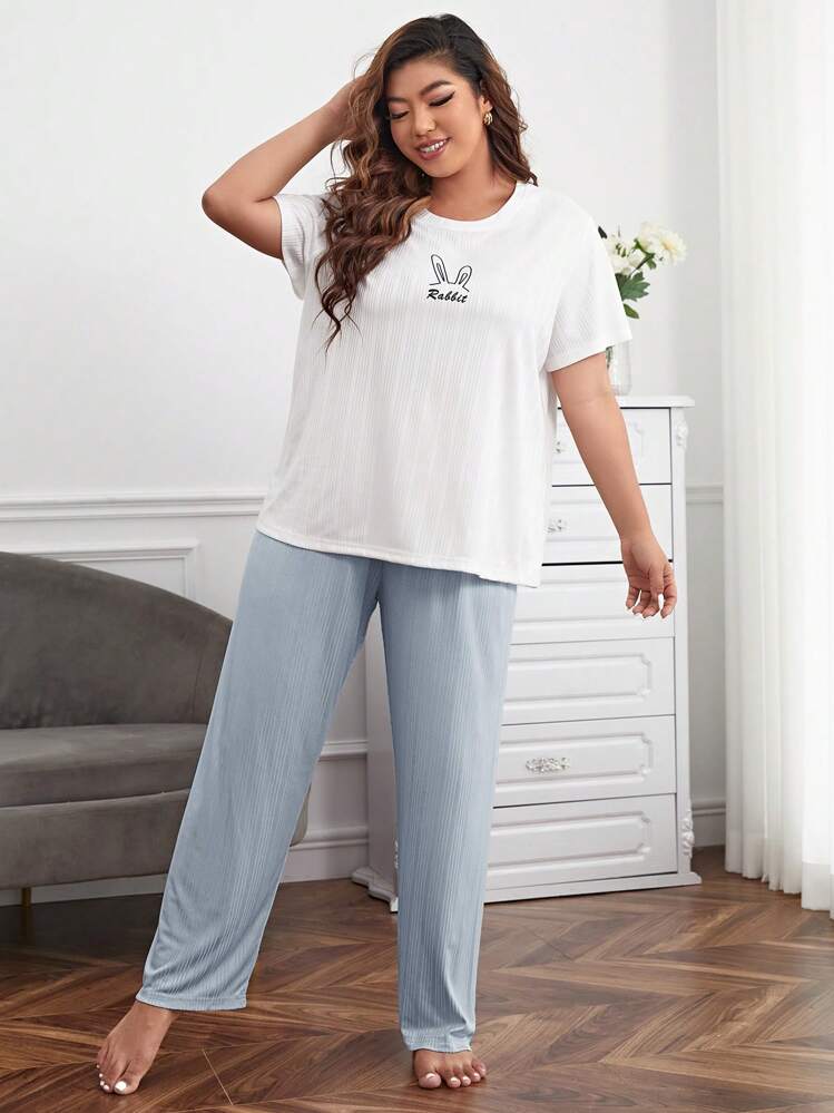 Plus Bộ đồ ngủ / Bộ đồ ngủ họa tiết hình con thỏ và chữ cái - Màu xanh bụi bặm - Xem 5