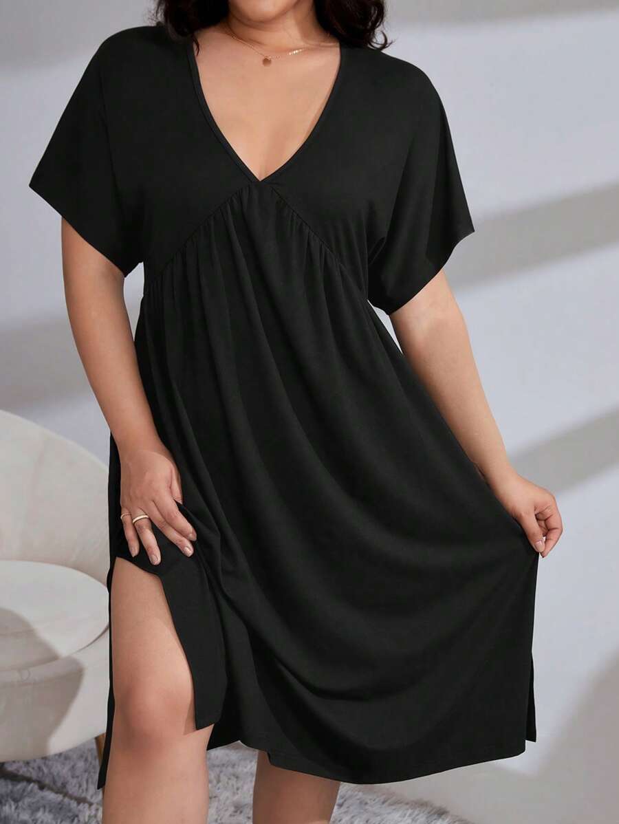 Plus Batwing Sleeve Split Hem Nightdress - Black - View 1