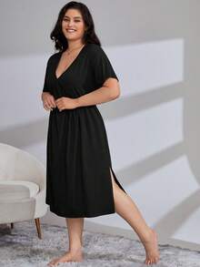 Plus Batwing Sleeve Split Hem Nightdress - Black - View 4