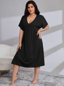 Plus Batwing Sleeve Split Hem Nightdress - Black - View 5