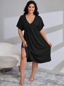 Plus Batwing Sleeve Split Hem Nightdress - Black - View 6