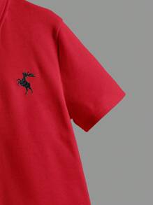 SHEIN Tween Boy Deer Embroidery Polo Shirt Short Sleeve Casual Daily Wear, Summer