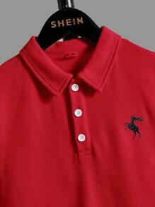 SHEIN Tween Boy Deer Embroidery Polo Shirt Short Sleeve Casual Daily Wear, Summer