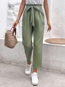 SHEIN Frenchy Quần nữ Thắt lưng Quần paper-bag màu trơn Giải trí - Màu xanh Bạc hà - Xem 1