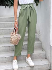 SHEIN Frenchy Quần nữ Thắt lưng Quần paper-bag màu trơn Giải trí - Màu xanh Bạc hà - Xem 3