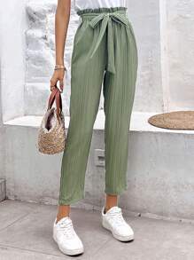 SHEIN Frenchy Quần nữ Thắt lưng Quần paper-bag màu trơn Giải trí - Màu xanh Bạc hà - Xem 4