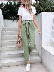 SHEIN Frenchy Quần nữ Thắt lưng Quần paper-bag màu trơn Giải trí - Màu xanh Bạc hà - Xem 5