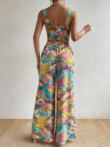 SHEIN VCAY 熱帶圖案前打結短款背心和高衩闊腿褲 - 彩色 - 查看 2