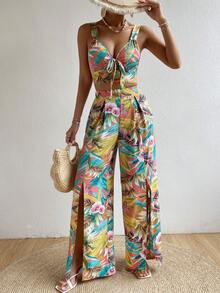 SHEIN VCAY 熱帶圖案前打結短款背心和高衩闊腿褲 - 彩色 - 查看 3