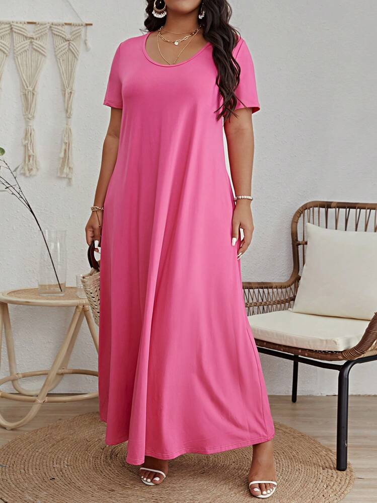 SHEIN VCAY Plus Solid Maxi Tee Dress - Pink - View 3