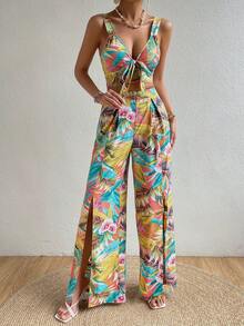 SHEIN VCAY 熱帶圖案前打結短款背心和高衩闊腿褲 - 彩色 - 查看 4