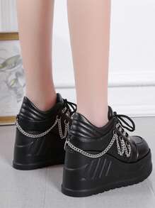 ROMWE Goth 女士链条装饰系带鞋，朋克黑色牛津鞋秋季新年假期 - 黑色 - 查看 3