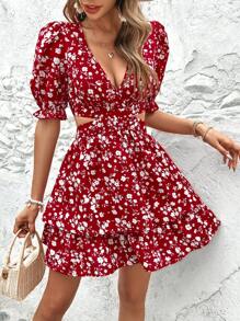 SHEIN VCAY 碎花腰部鏤空二層下擺連衣裙 - 紅白色 - 查看 2