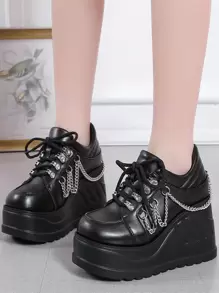 ROMWE Goth 女士链条装饰系带鞋，朋克黑色牛津鞋秋季新年假期 - 黑色 - 查看 4