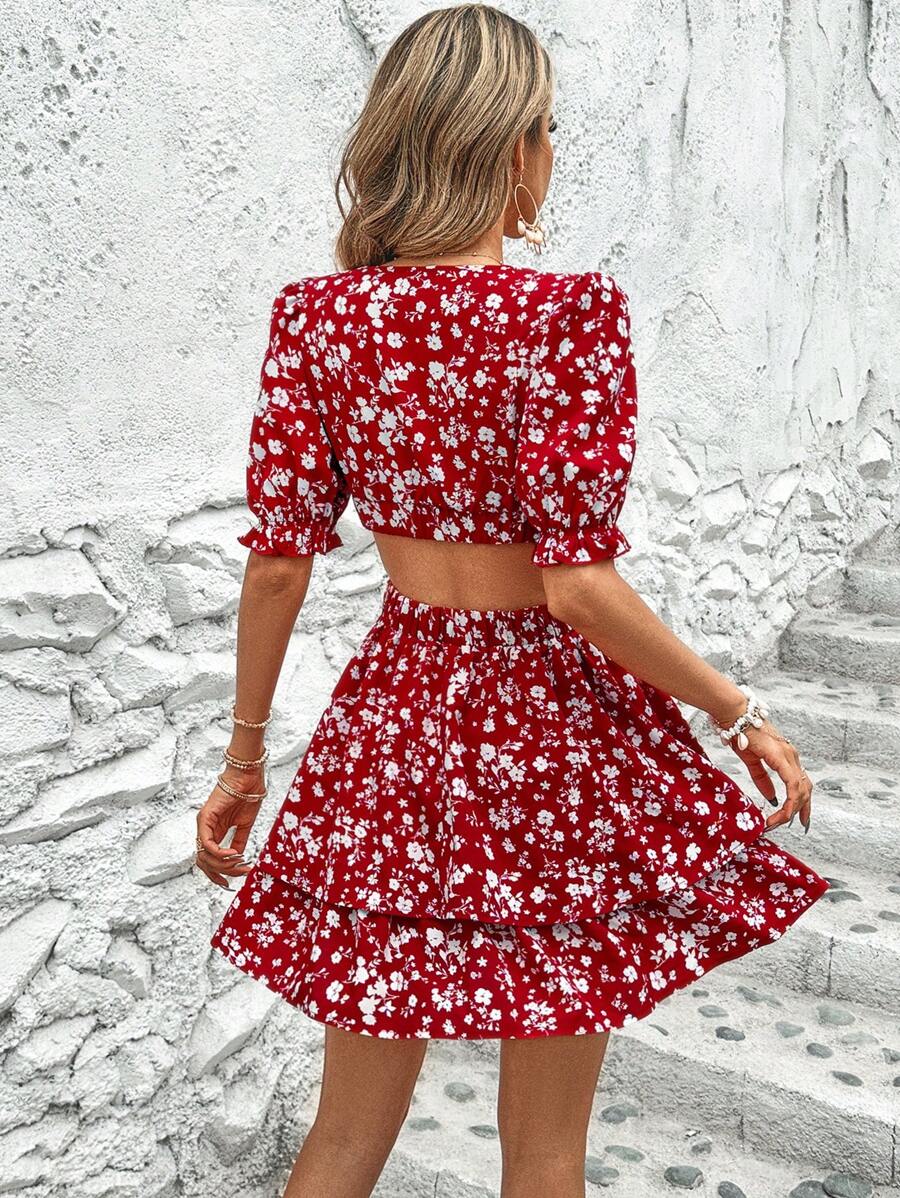 SHEIN VCAY 碎花腰部鏤空二層下擺連衣裙 - 紅白色 - 查看 1