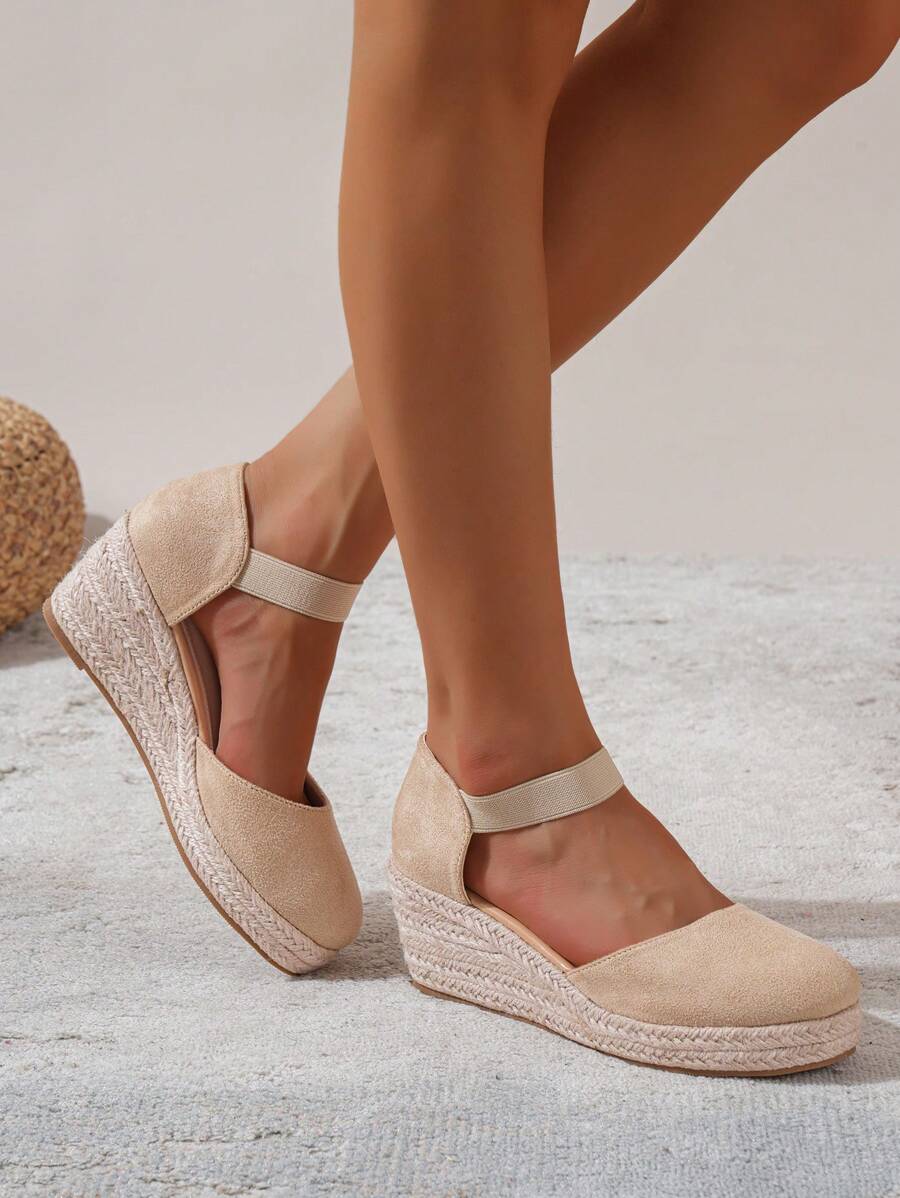 女士極簡編織踝帶度假夏天仿麂皮坡跟鞋