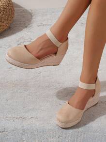 女士極簡編織踝帶度假夏天仿麂皮坡跟鞋